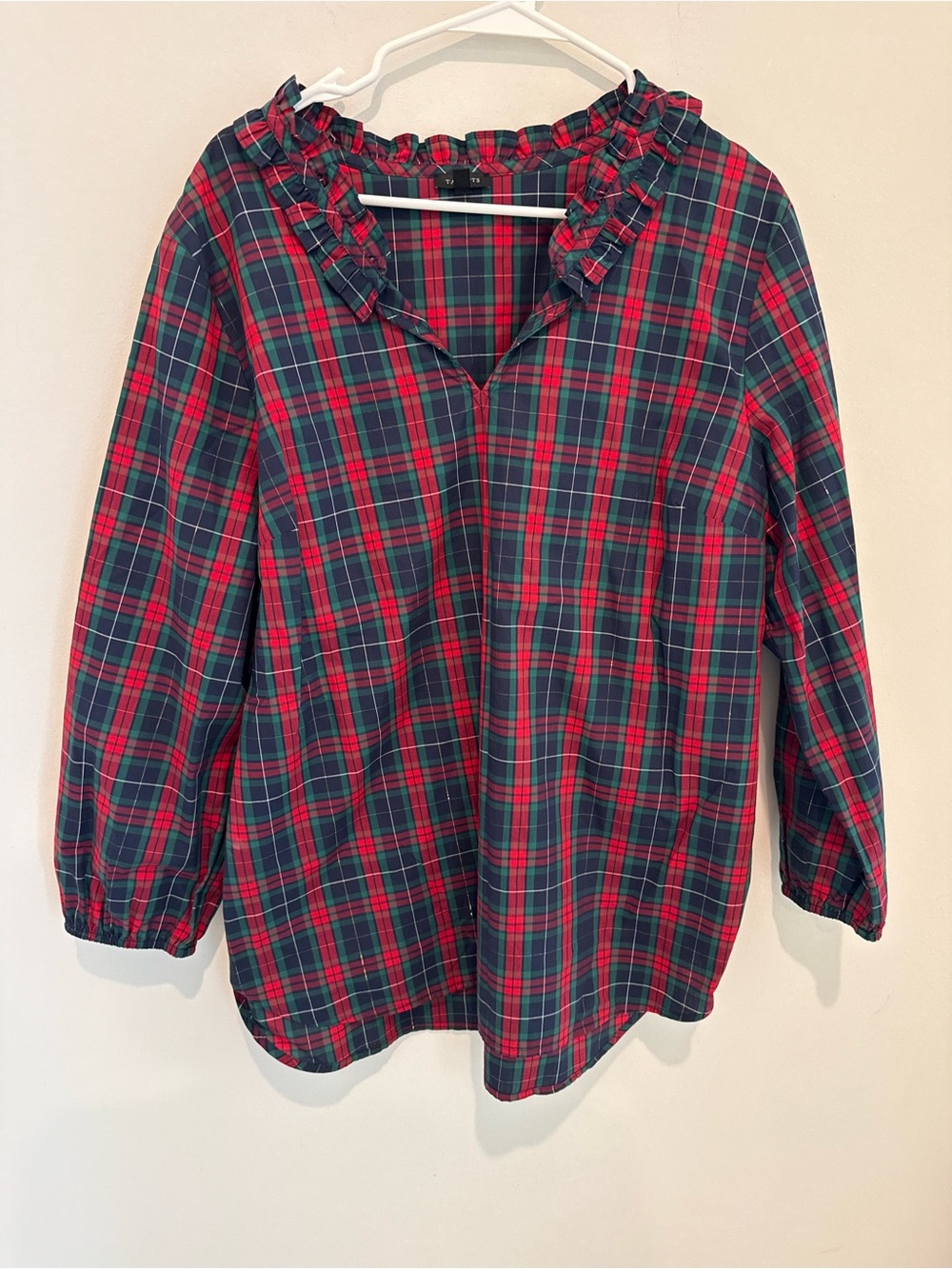 Talbots Red & Green Plaid Ruffle Collar Tunic